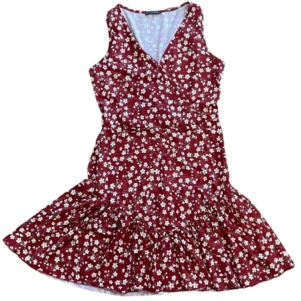 Fensace Womens Red With Yellow Floral Sun Dress Sleeveless Teared Skirt - Picture 2 of 10